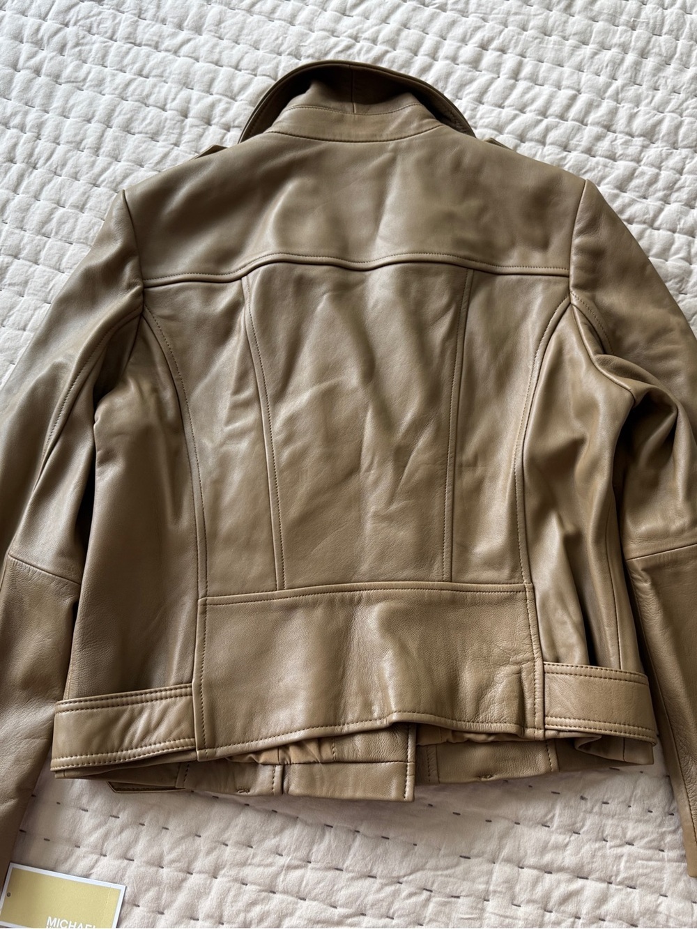 Michael Kors Women's Belted Leather Moto Coat Husk L NWT $480 - Picture 7 of 16